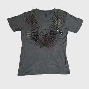 NWT CHRISTIAN AUDIGIER EAGLE RHINESTONE PRINT V-NECK TEE IN GRAY MEN’S 2XL